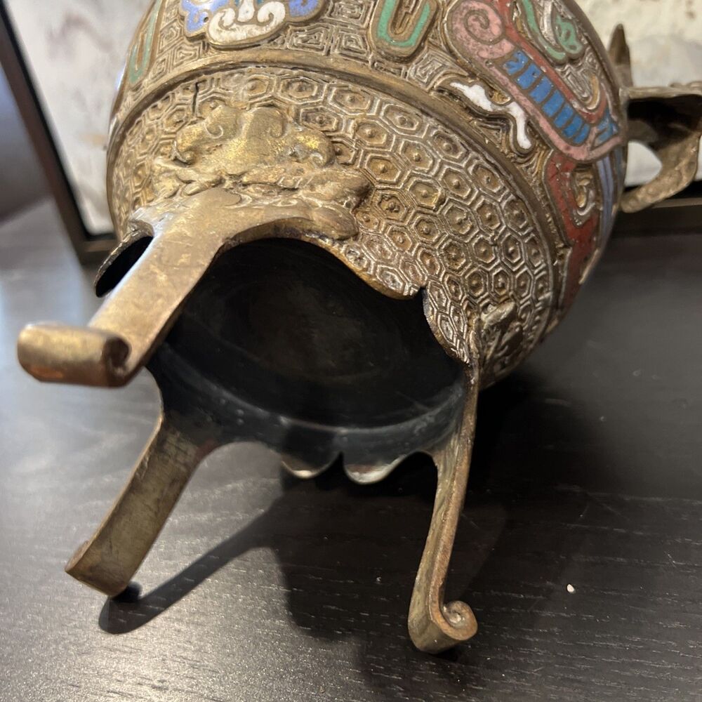 Qianlong Marked Copper Cloisonne Dragon Beast 2 Ear Incense Burner Censer - Picture 13 of 16